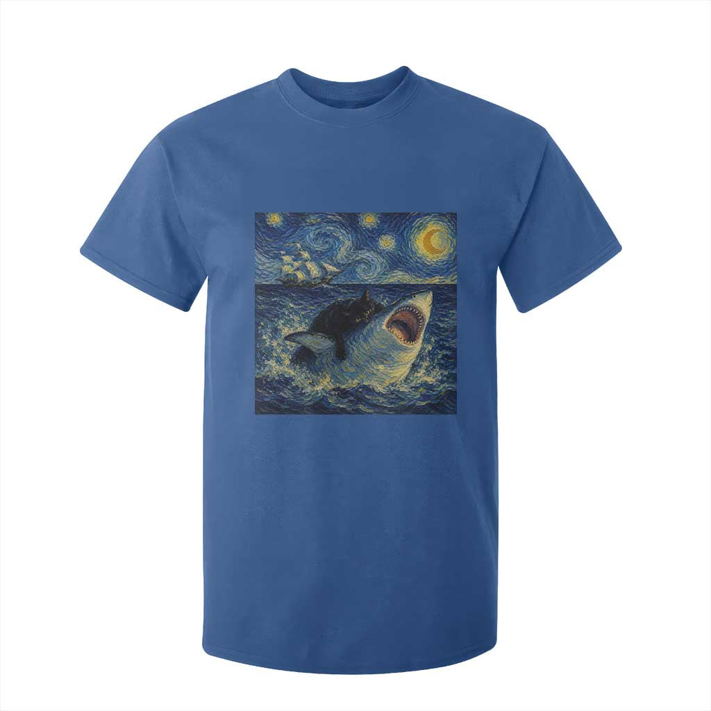 Funny Cat Biting Shark Starry Night Inspired Art T Shirt For Kid TS12 Royal Blue Print Your Wear