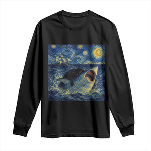 Funny Cat Biting Shark Starry Night Inspired Art Long Sleeve Shirt TS12 Black Print Your Wear