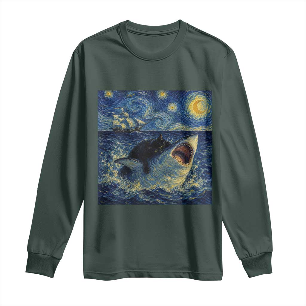 Funny Cat Biting Shark Starry Night Inspired Art Long Sleeve Shirt TS12 Dark Forest Green Print Your Wear