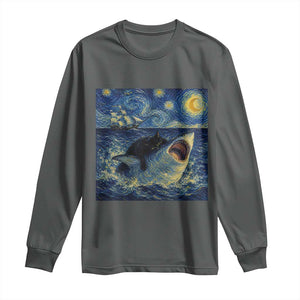 Funny Cat Biting Shark Starry Night Inspired Art Long Sleeve Shirt TS12 Dark Heather Print Your Wear