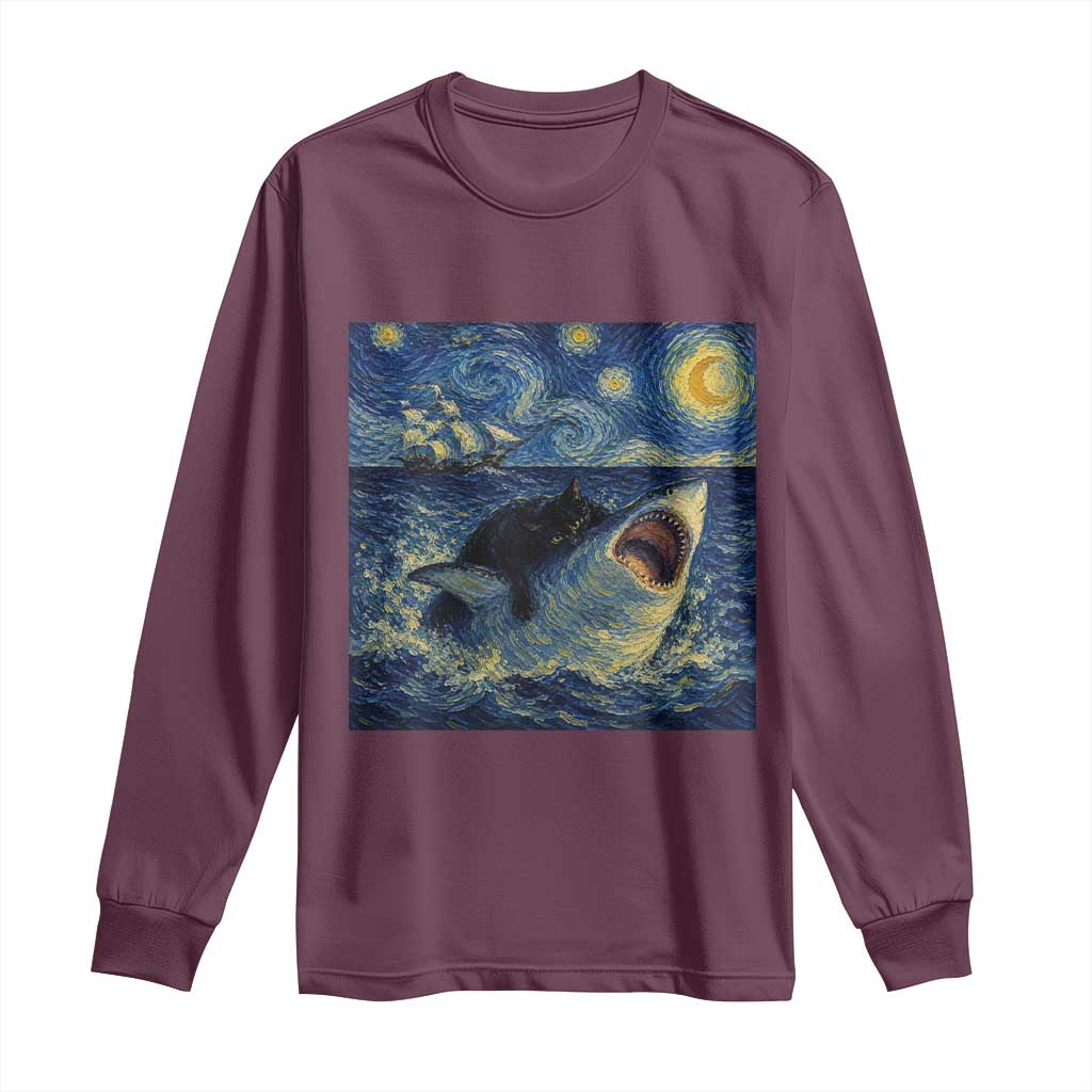 Funny Cat Biting Shark Starry Night Inspired Art Long Sleeve Shirt TS12 Maroon Print Your Wear