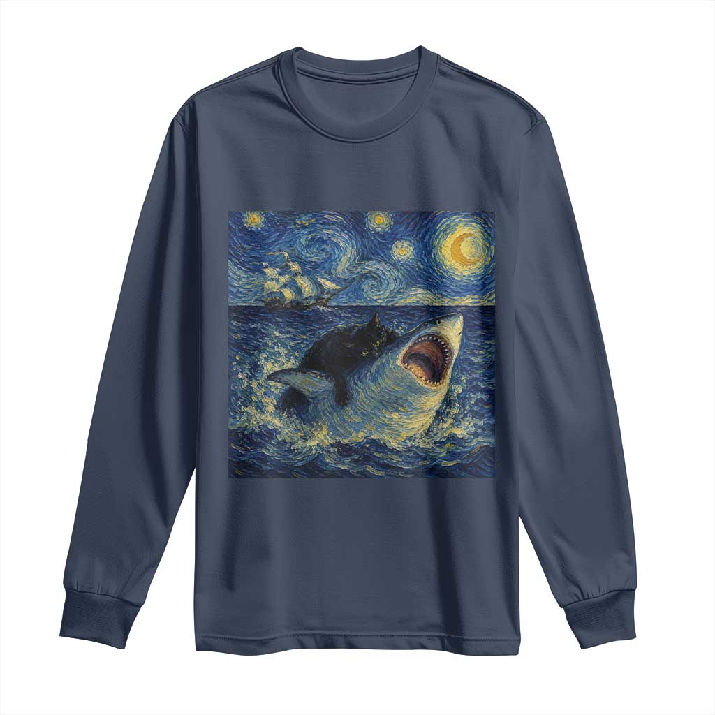 Funny Cat Biting Shark Starry Night Inspired Art Long Sleeve Shirt TS12 Navy Print Your Wear