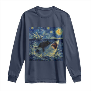 Funny Cat Biting Shark Starry Night Inspired Art Long Sleeve Shirt TS12 Navy Print Your Wear