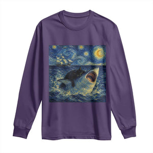 Funny Cat Biting Shark Starry Night Inspired Art Long Sleeve Shirt TS12 Purple Print Your Wear