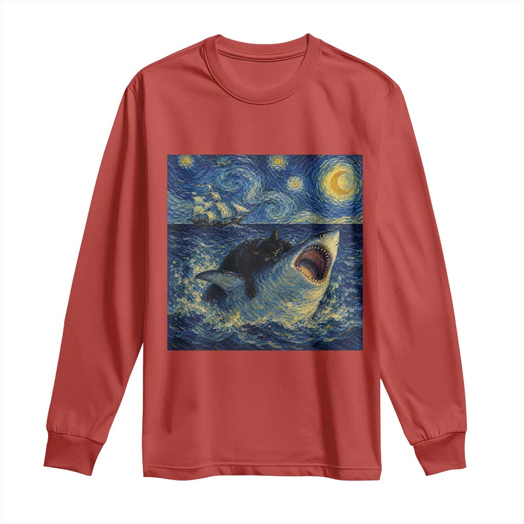 Funny Cat Biting Shark Starry Night Inspired Art Long Sleeve Shirt TS12 Red Print Your Wear