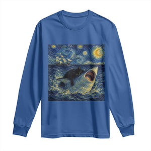Funny Cat Biting Shark Starry Night Inspired Art Long Sleeve Shirt TS12 Royal Blue Print Your Wear