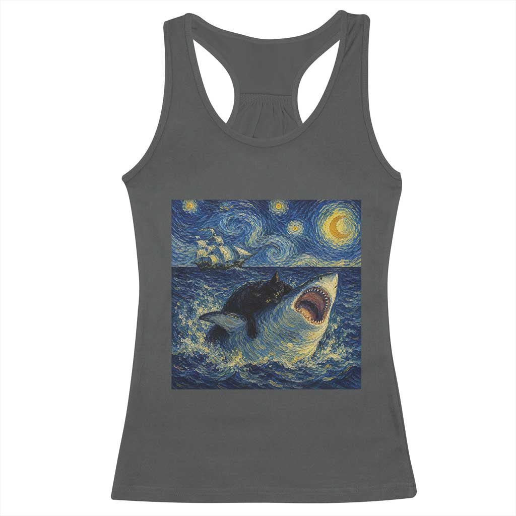 Funny Cat Biting Shark Starry Night Inspired Art Racerback Tank Top TS12 Dark Heather Print Your Wear