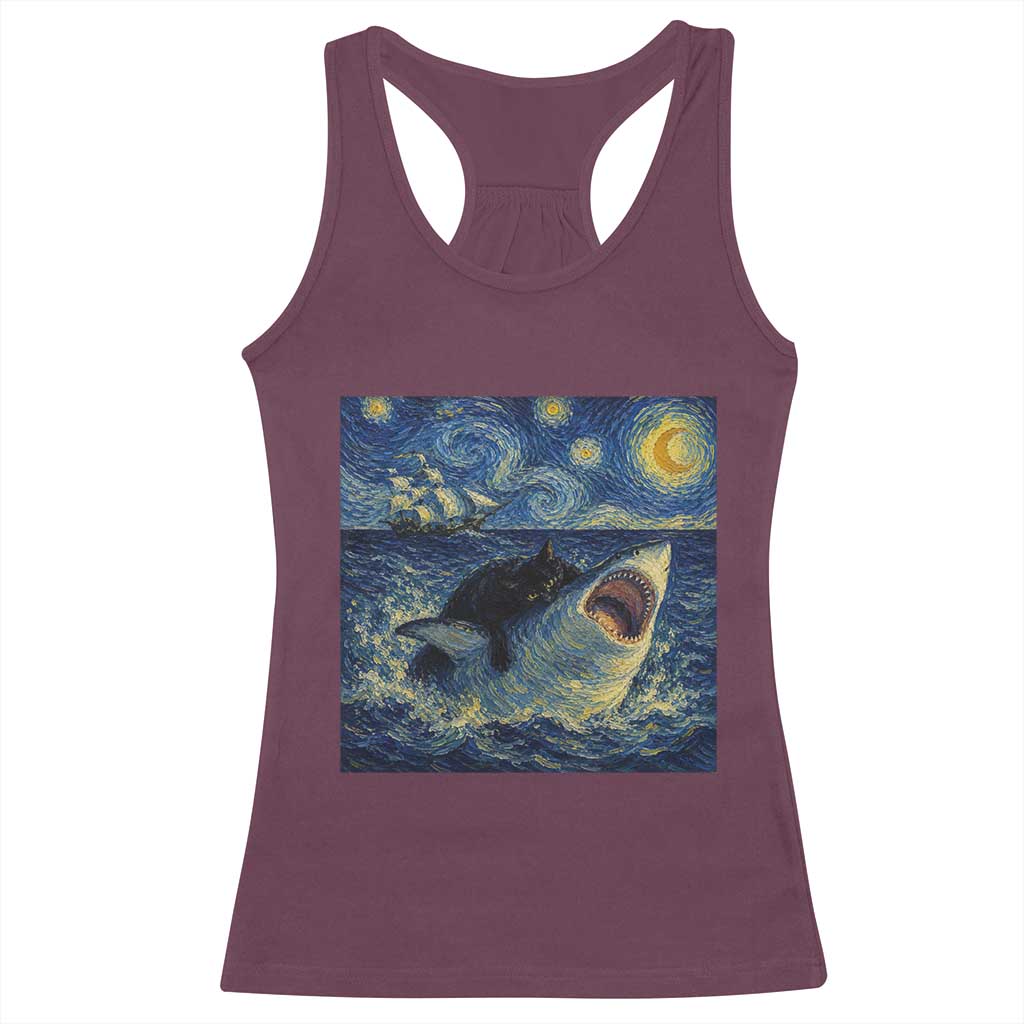 Funny Cat Biting Shark Starry Night Inspired Art Racerback Tank Top TS12 Maroon Print Your Wear