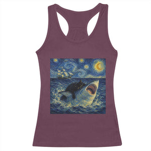 Funny Cat Biting Shark Starry Night Inspired Art Racerback Tank Top TS12 Maroon Print Your Wear