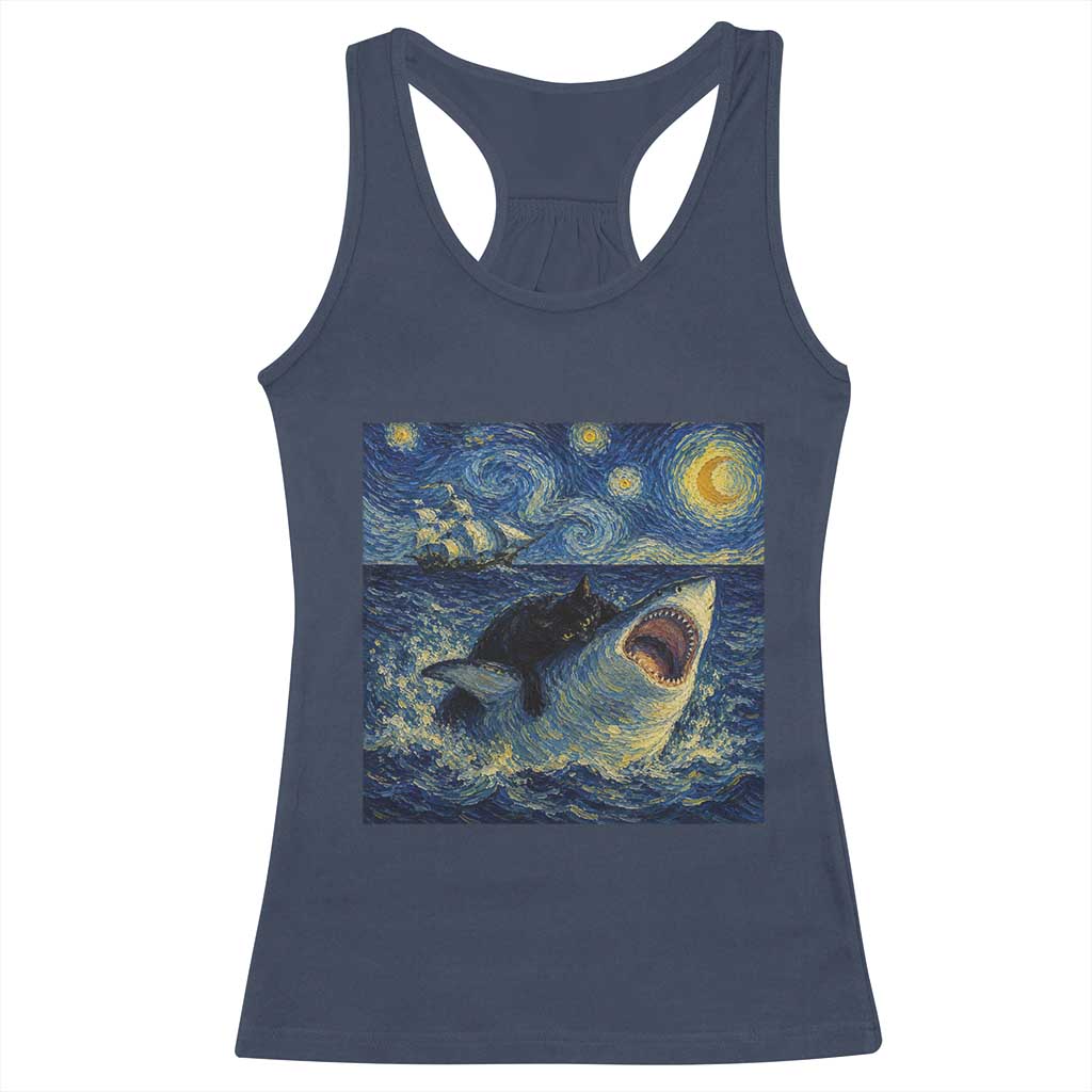 Funny Cat Biting Shark Starry Night Inspired Art Racerback Tank Top TS12 Navy Print Your Wear