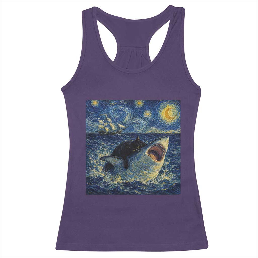 Funny Cat Biting Shark Starry Night Inspired Art Racerback Tank Top TS12 Purple Print Your Wear