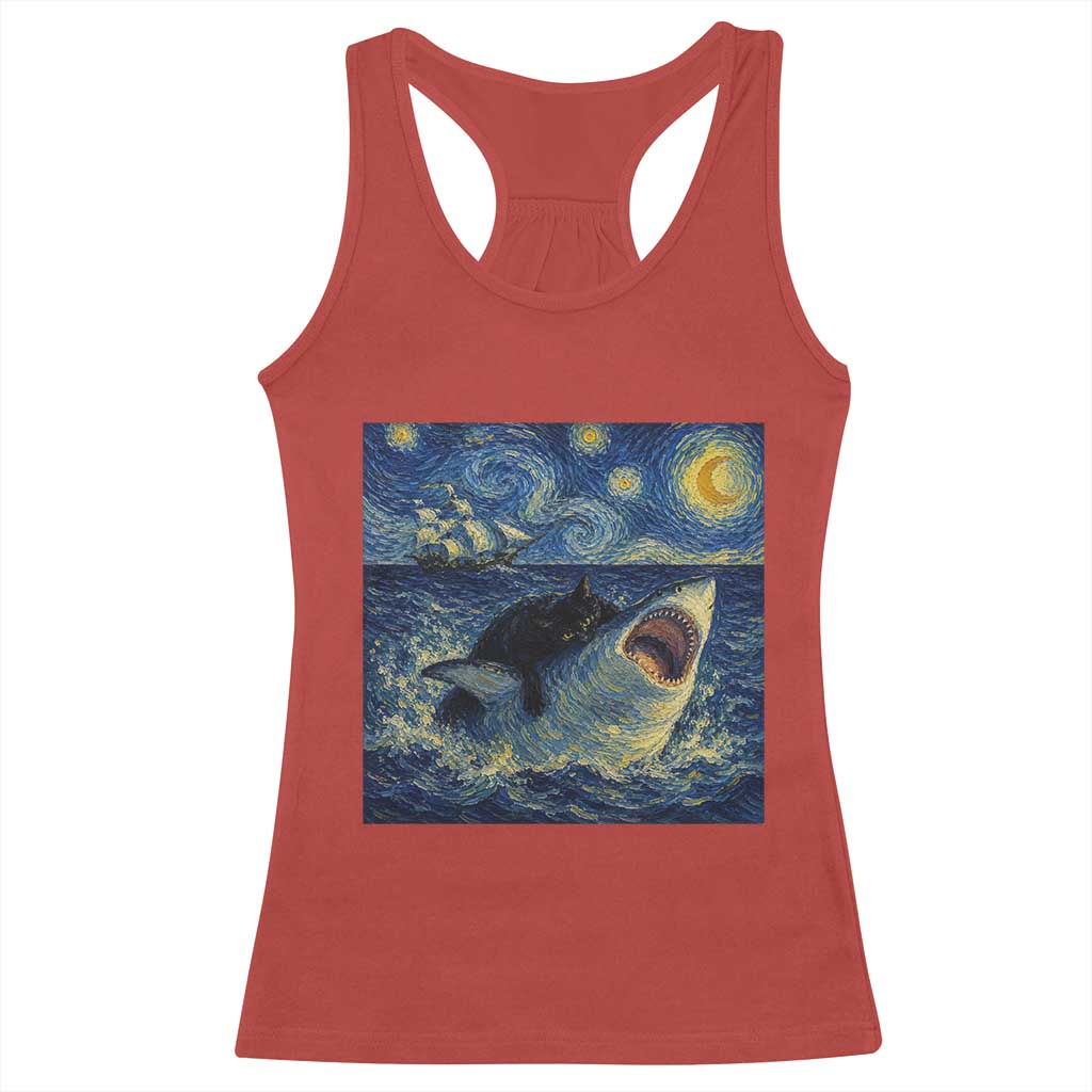Funny Cat Biting Shark Starry Night Inspired Art Racerback Tank Top TS12 Red Print Your Wear