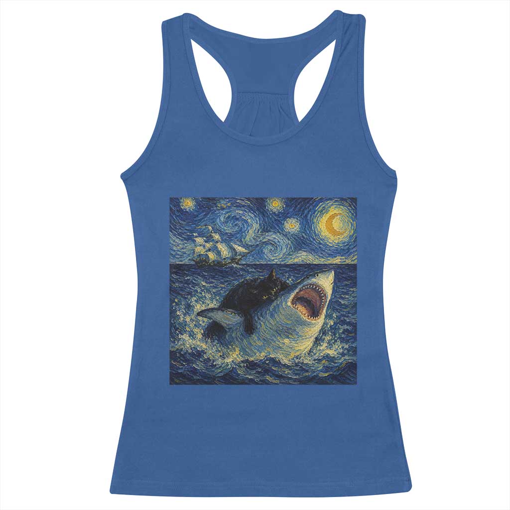 Funny Cat Biting Shark Starry Night Inspired Art Racerback Tank Top TS12 Royal Blue Print Your Wear