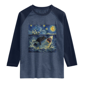 Funny Cat Biting Shark Starry Night Inspired Art Raglan Shirt TS12 Heather Denim Navy Print Your Wear