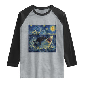 Funny Cat Biting Shark Starry Night Inspired Art Raglan Shirt TS12 Heather Gray Black Print Your Wear