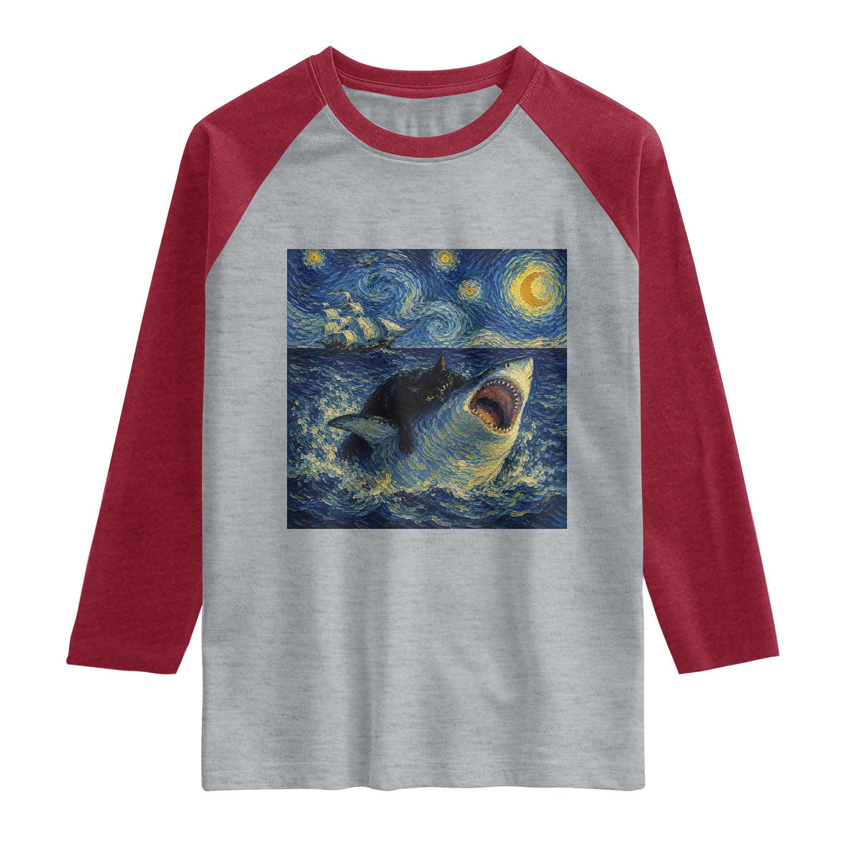 Funny Cat Biting Shark Starry Night Inspired Art Raglan Shirt TS12 Heather Gray Heather Red Print Your Wear
