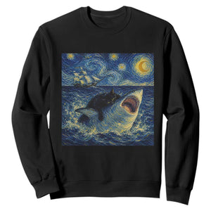 Funny Cat Biting Shark Starry Night Inspired Art Sweatshirt TS12 Black Print Your Wear