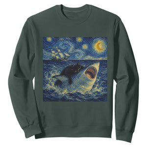 Funny Cat Biting Shark Starry Night Inspired Art Sweatshirt TS12 Dark Forest Green Print Your Wear