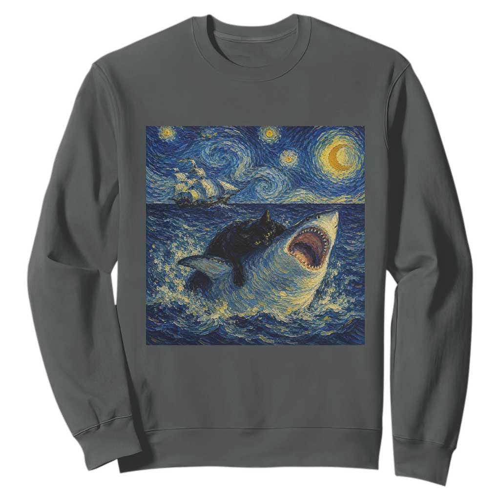 Funny Cat Biting Shark Starry Night Inspired Art Sweatshirt TS12 Dark Heather Print Your Wear