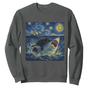 Funny Cat Biting Shark Starry Night Inspired Art Sweatshirt TS12 Dark Heather Print Your Wear