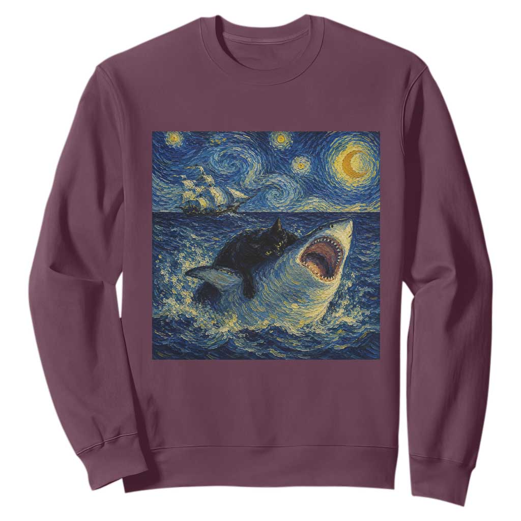 Funny Cat Biting Shark Starry Night Inspired Art Sweatshirt TS12 Maroon Print Your Wear