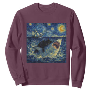 Funny Cat Biting Shark Starry Night Inspired Art Sweatshirt TS12 Maroon Print Your Wear