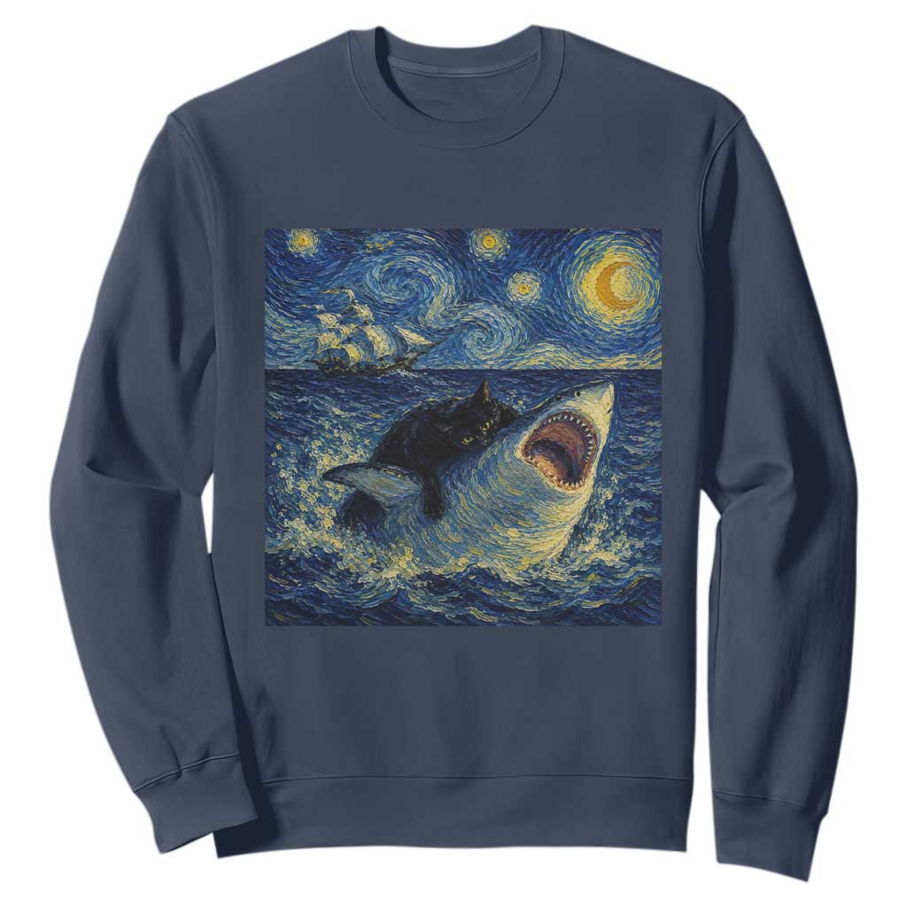 Funny Cat Biting Shark Starry Night Inspired Art Sweatshirt TS12 Navy Print Your Wear