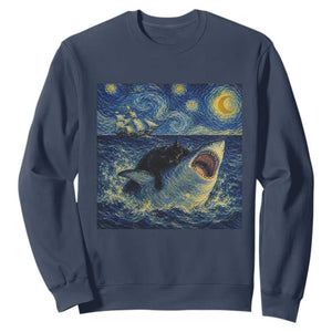 Funny Cat Biting Shark Starry Night Inspired Art Sweatshirt TS12 Navy Print Your Wear
