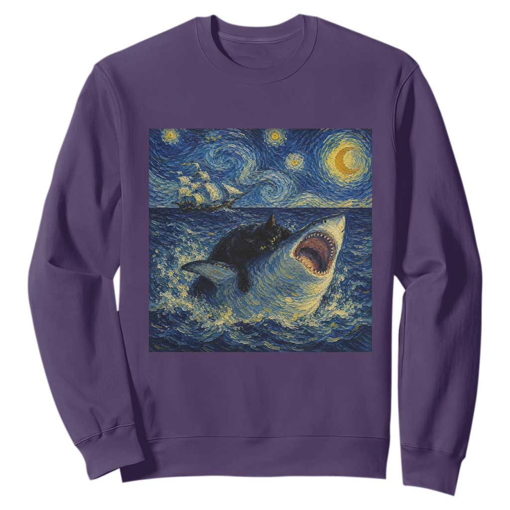 Funny Cat Biting Shark Starry Night Inspired Art Sweatshirt TS12 Purple Print Your Wear
