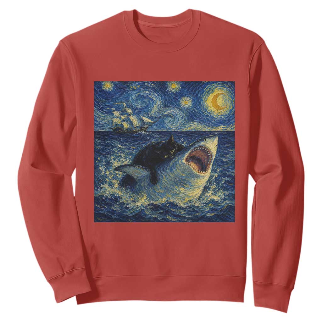 Funny Cat Biting Shark Starry Night Inspired Art Sweatshirt TS12 Red Print Your Wear