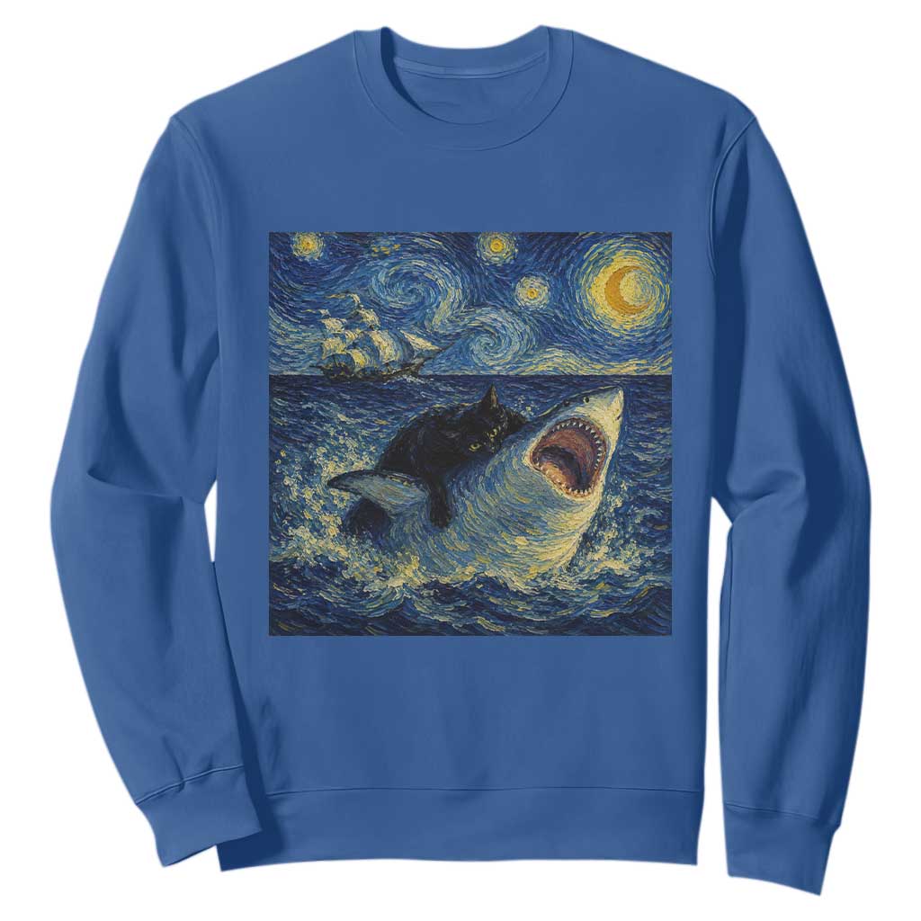 Funny Cat Biting Shark Starry Night Inspired Art Sweatshirt TS12 Royal Blue Print Your Wear