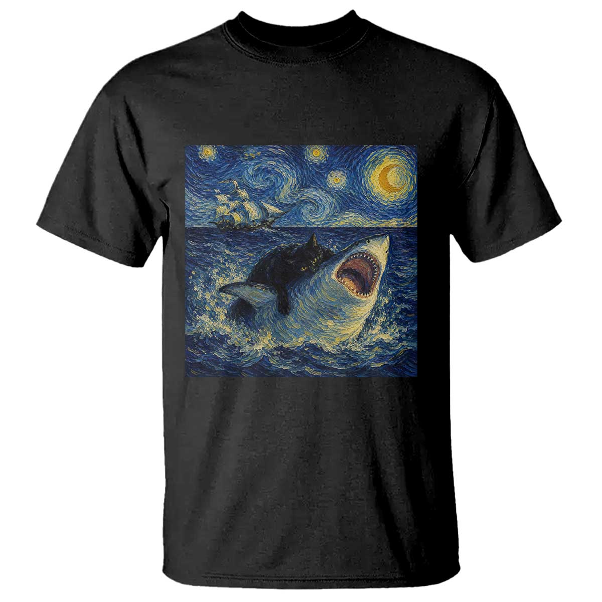 Funny Cat Biting Shark Starry Night Inspired Art T Shirt TS12 Black Print Your Wear