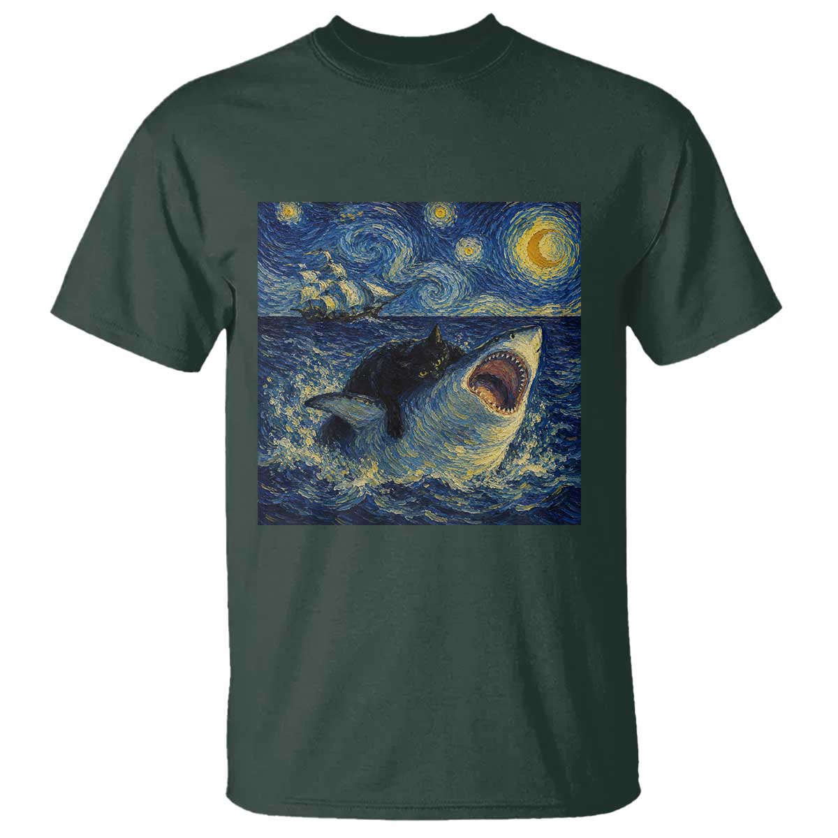 Funny Cat Biting Shark Starry Night Inspired Art T Shirt TS12 Dark Forest Green Print Your Wear