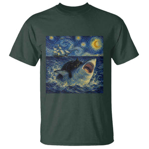 Funny Cat Biting Shark Starry Night Inspired Art T Shirt TS12 Dark Forest Green Print Your Wear