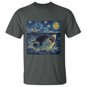 Funny Cat Biting Shark Starry Night Inspired Art T Shirt TS12 Dark Heather Print Your Wear
