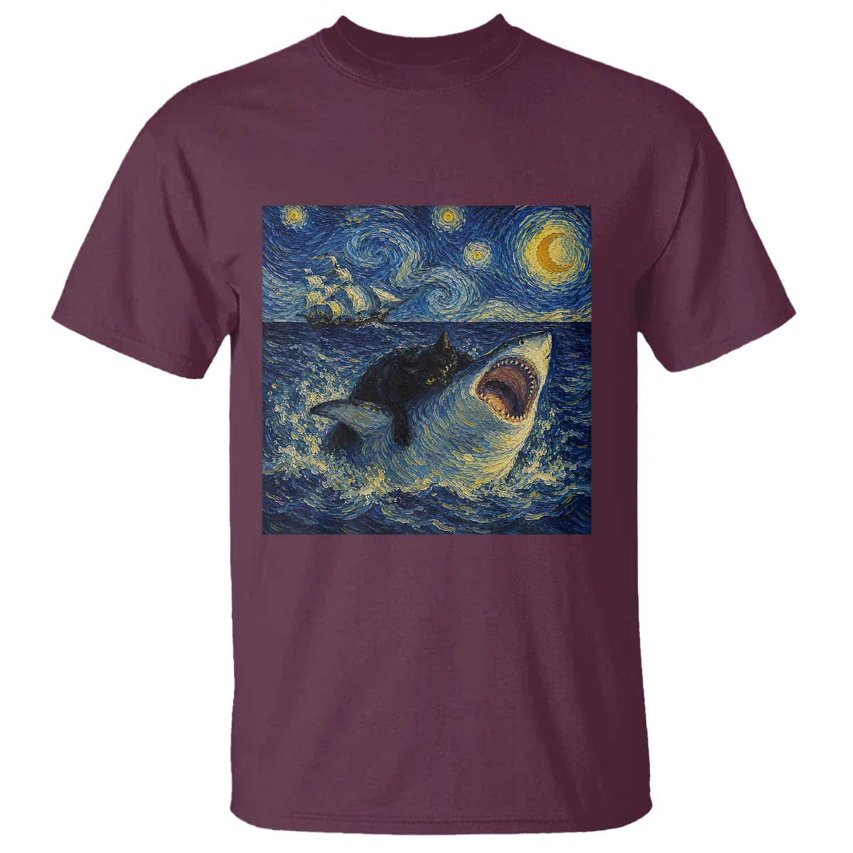 Funny Cat Biting Shark Starry Night Inspired Art T Shirt TS12 Maroon Print Your Wear