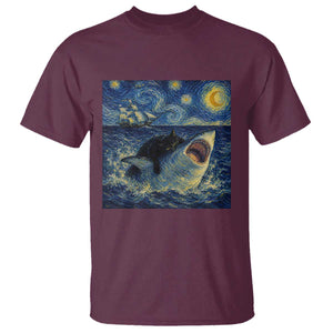 Funny Cat Biting Shark Starry Night Inspired Art T Shirt TS12 Maroon Print Your Wear