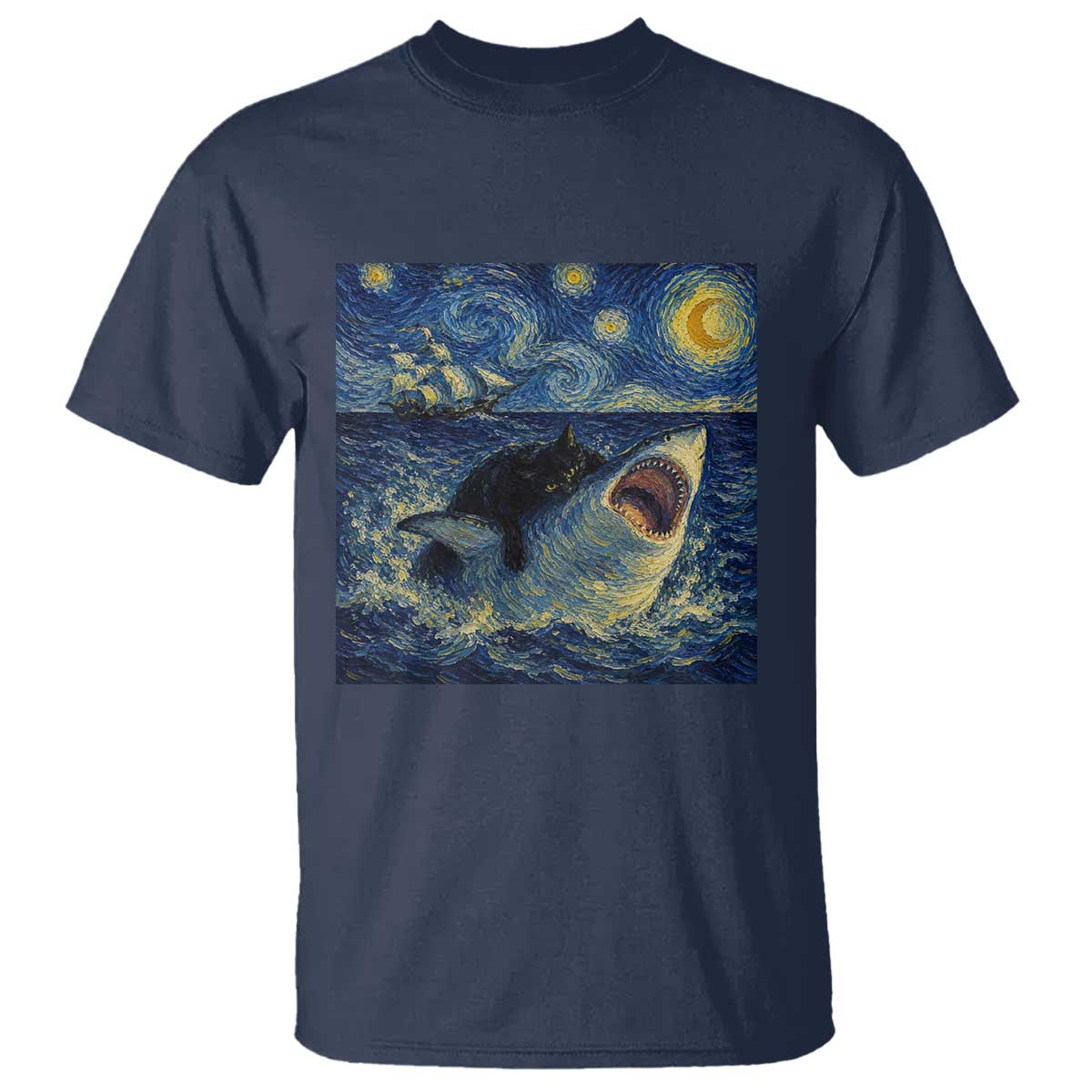 Funny Cat Biting Shark Starry Night Inspired Art T Shirt TS12 Navy Print Your Wear