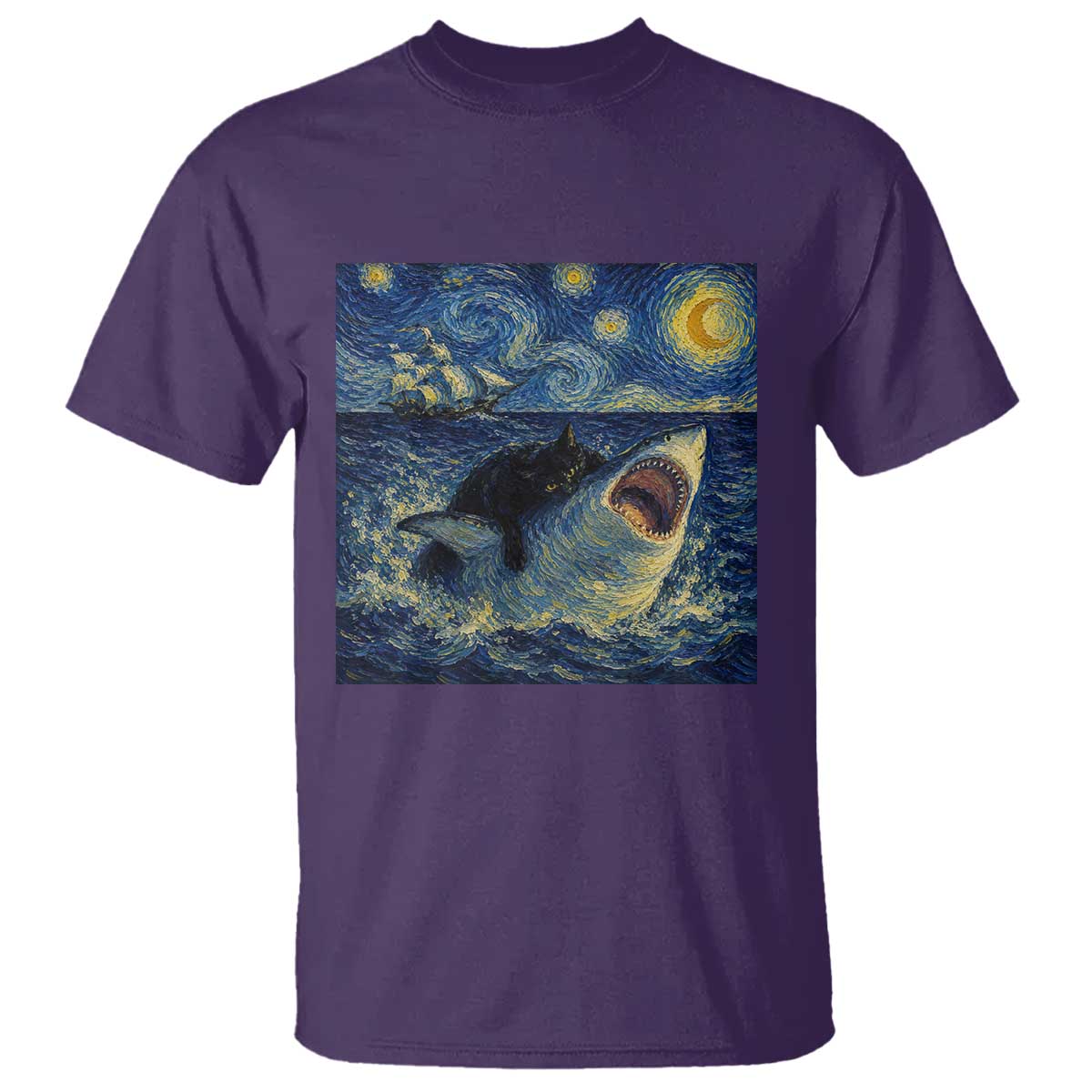 Funny Cat Biting Shark Starry Night Inspired Art T Shirt TS12 Purple Print Your Wear