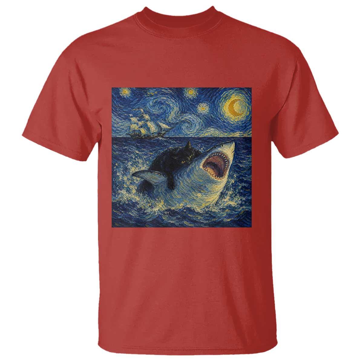 Funny Cat Biting Shark Starry Night Inspired Art T Shirt TS12 Red Print Your Wear
