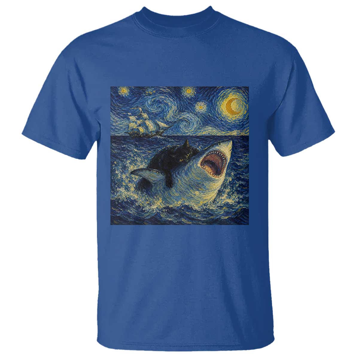 Funny Cat Biting Shark Starry Night Inspired Art T Shirt TS12 Royal Blue Print Your Wear