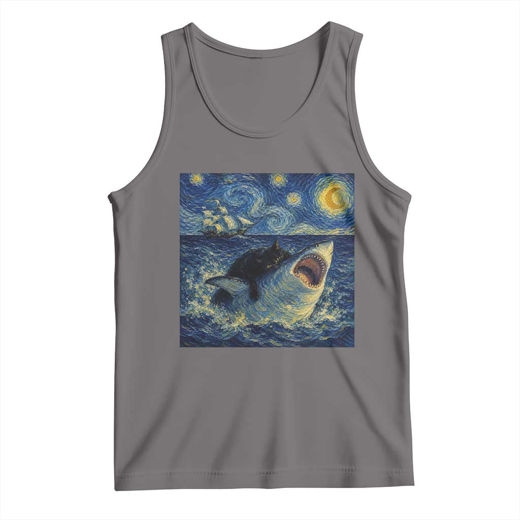 Funny Cat Biting Shark Starry Night Inspired Art Tank Top TS12 Deep Heather Print Your Wear
