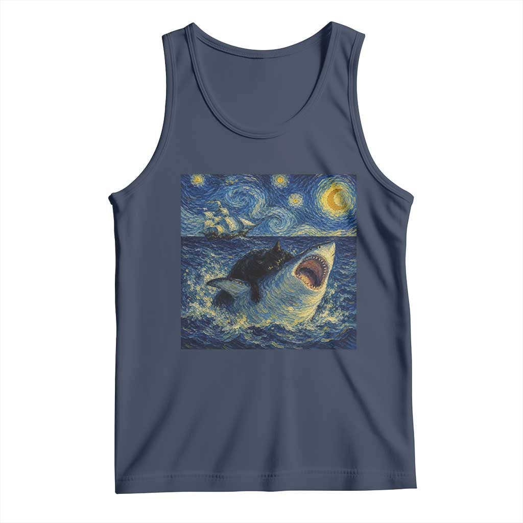 Funny Cat Biting Shark Starry Night Inspired Art Tank Top TS12 Navy Print Your Wear