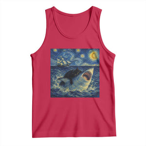 Funny Cat Biting Shark Starry Night Inspired Art Tank Top TS12 Red Print Your Wear