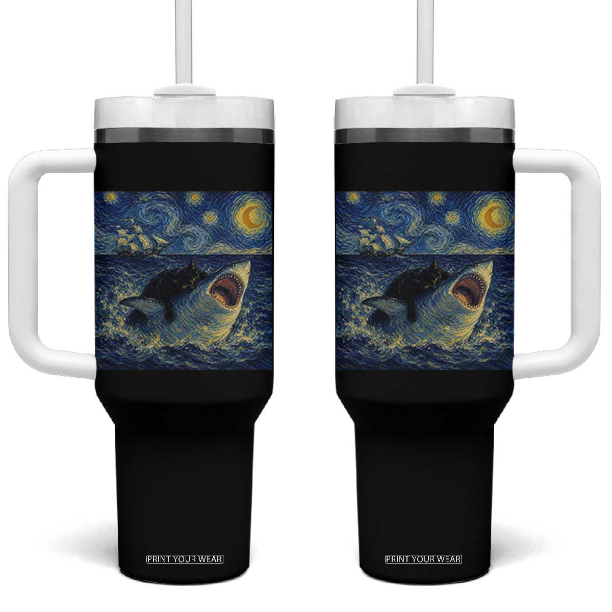 Funny Cat Biting Shark Starry Night Inspired Art Tumbler With Handle TS12 One Size: 40 oz Black Print Your Wear