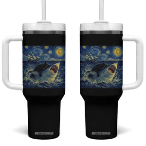 Funny Cat Biting Shark Starry Night Inspired Art Tumbler With Handle TS12 One Size: 40 oz Black Print Your Wear