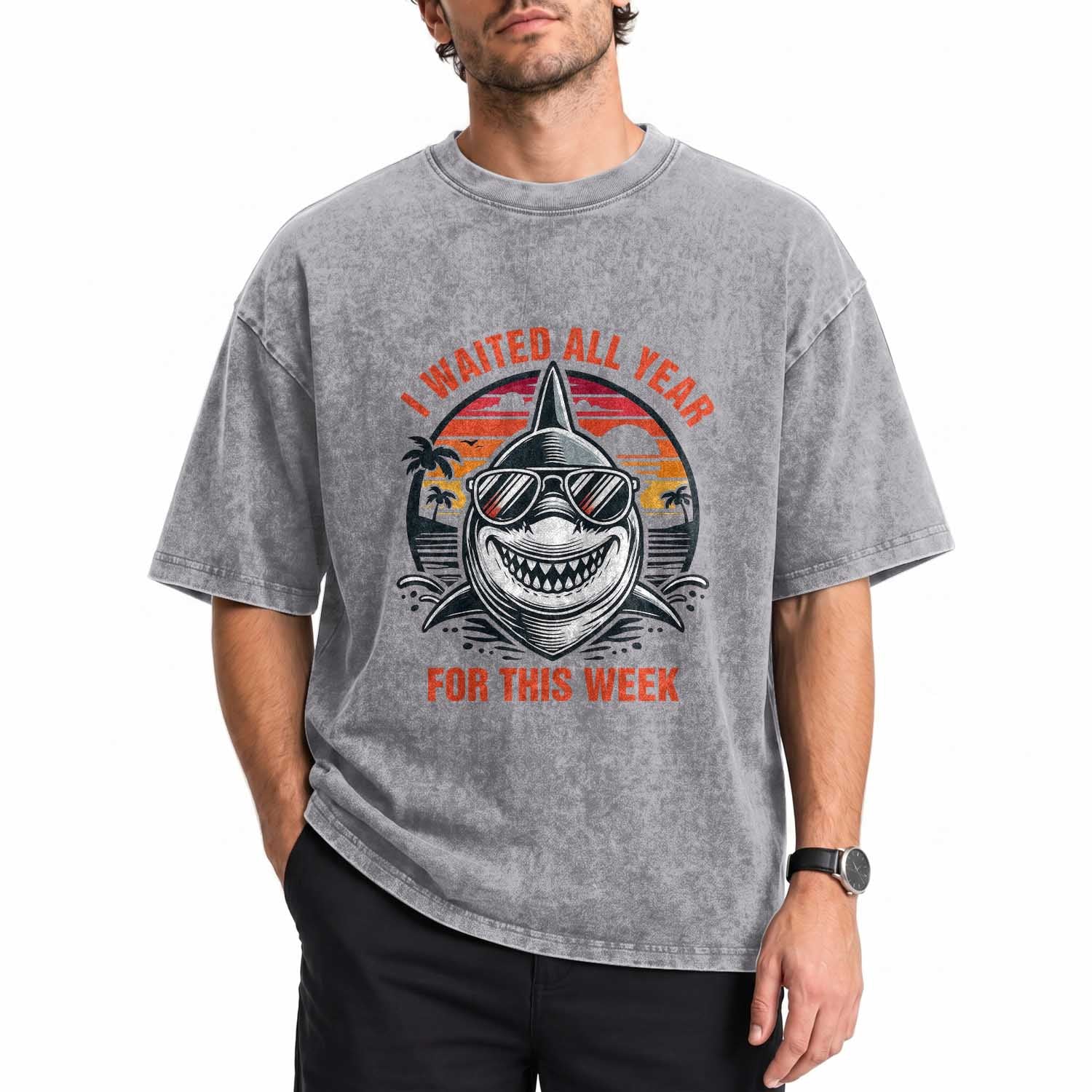 Funny Shark Summer Vacation Washed Cotton T-Shirt I Waited All Year For This Week