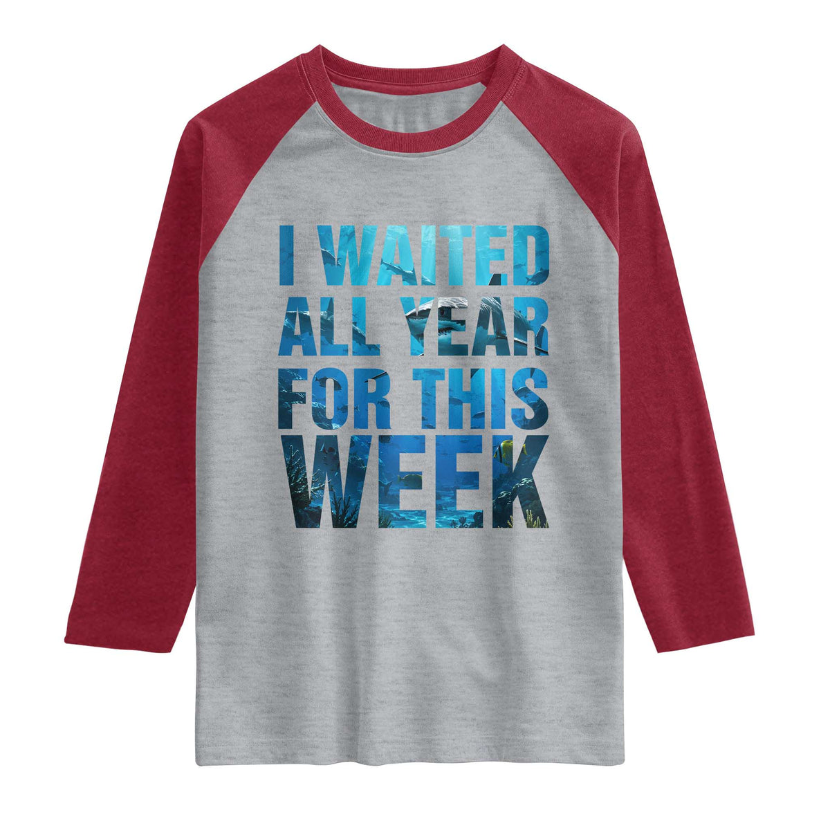 Shark Lover Week Gift Raglan Shirt I Waited All Year For This Week TS12 Heather Gray Heather Red Print Your Wear