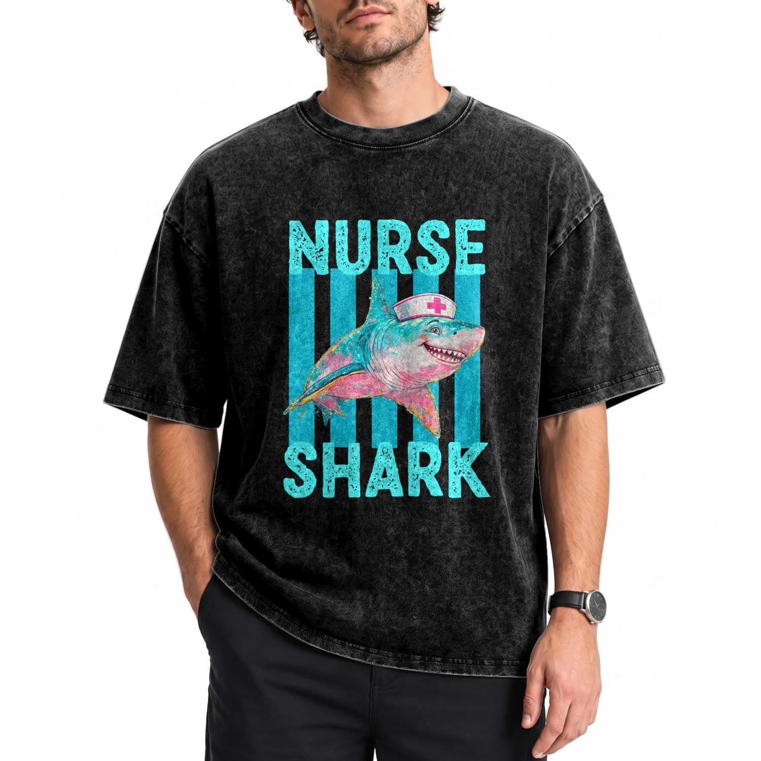 Funny Nurse Shark Washed Cotton T-Shirt Medical Worker Appreciation Gift