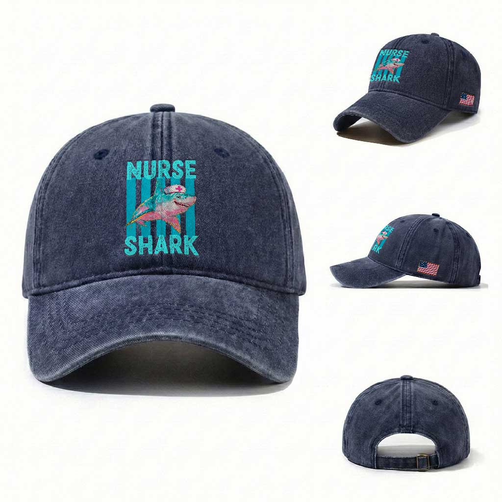 Funny Nurse Shark Washed Cotton Baseball Cap Medical Worker Appreciation Gift TS12 Washed Cap Universal Fit Navy Print Your Wear
